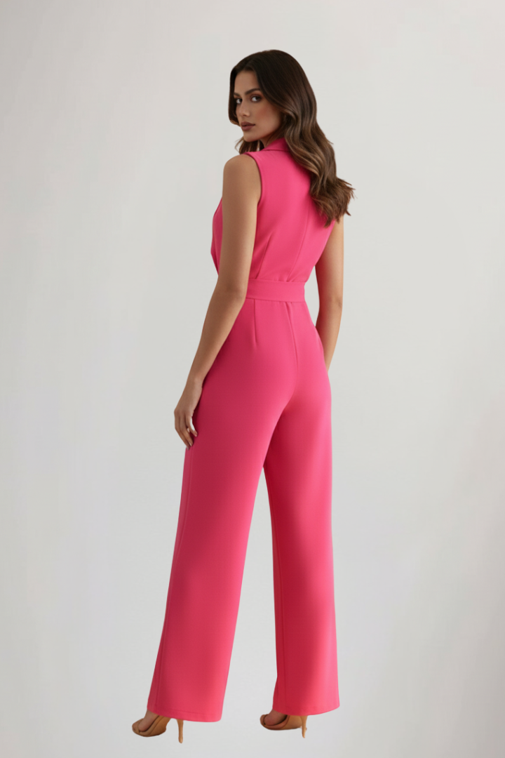 Women's Sleeveless V-Neck Wide Leg Jumpsuit with Tie Waist – Summer Occasion Jumpsuit