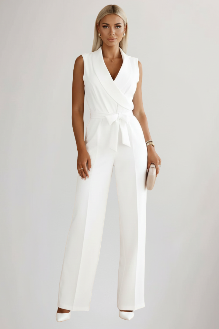 Women's Sleeveless V-Neck Wide Leg Jumpsuit with Tie Waist – Summer Occasion Jumpsuit