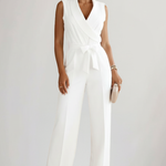 Women's Sleeveless V-Neck Wide Leg Jumpsuit with Tie Waist – Summer Occasion Jumpsuit