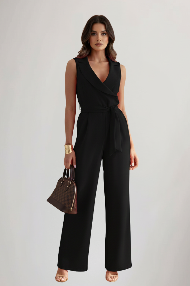 Women's Sleeveless V-Neck Wide Leg Jumpsuit with Tie Waist – Summer Occasion Jumpsuit