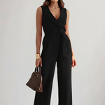 Women's Sleeveless V-Neck Wide Leg Jumpsuit with Tie Waist – Summer Occasion Jumpsuit