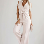 Women's Sleeveless V-Neck Wide Leg Jumpsuit with Tie Waist – Summer Occasion Jumpsuit
