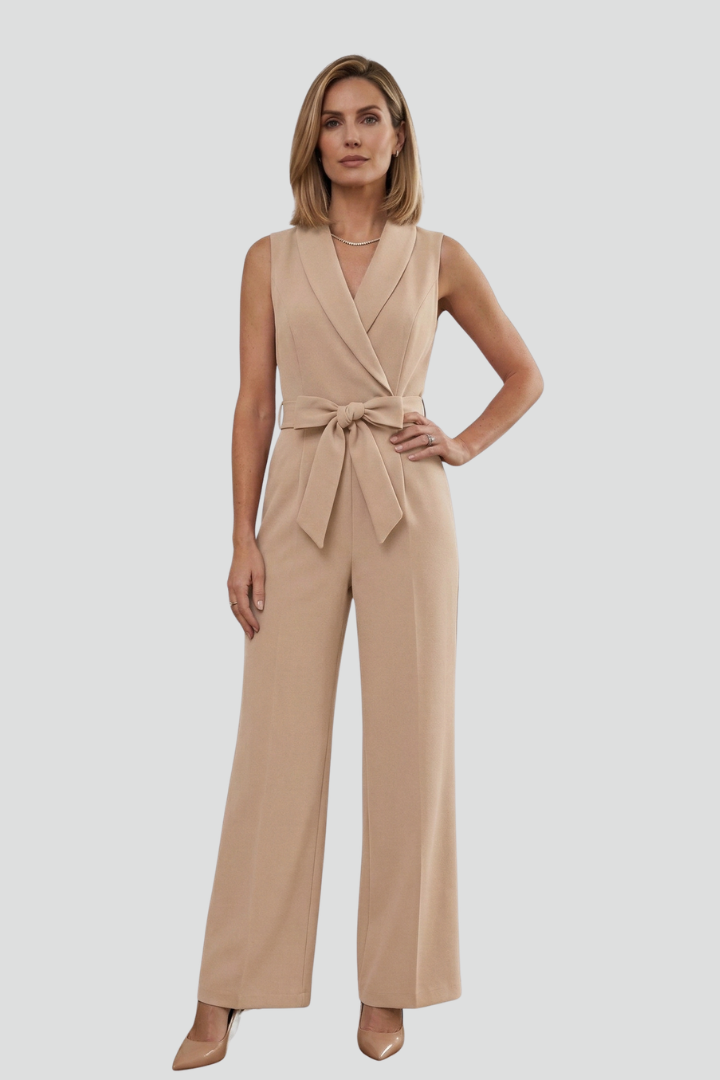 Women's Sleeveless V-Neck Wide Leg Jumpsuit with Tie Waist – Summer Occasion Jumpsuit