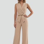 Women's Sleeveless V-Neck Wide Leg Jumpsuit with Tie Waist – Summer Occasion Jumpsuit