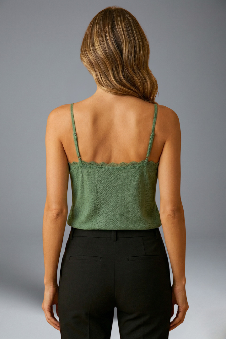 Women's Lace Trim V-Neck Sleeveless Top with Thin Straps – Lightweight Summer Cami
