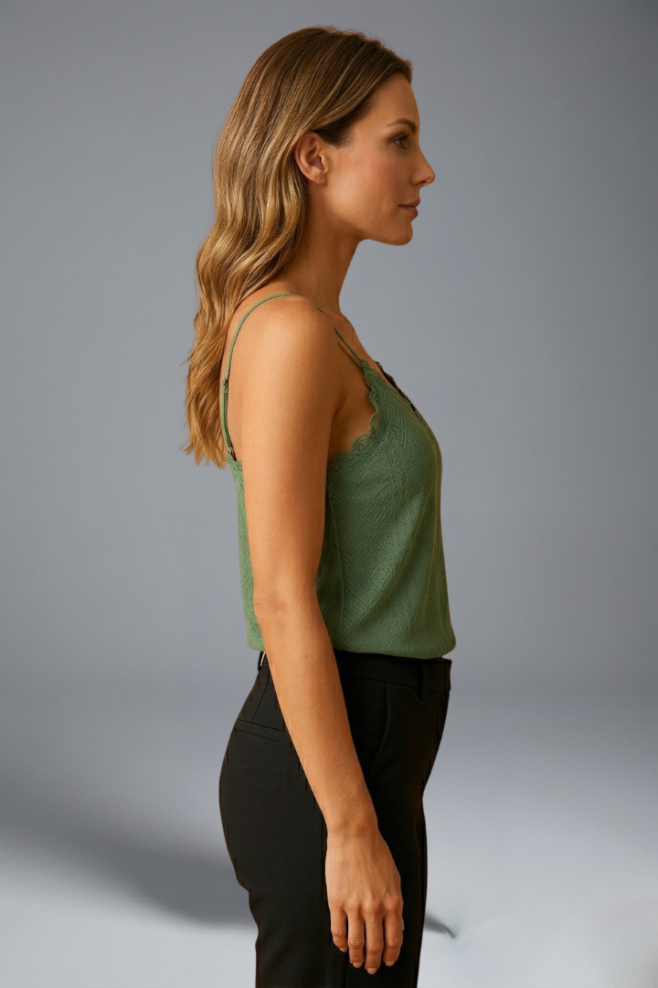 Women's Lace Trim V-Neck Sleeveless Top with Thin Straps – Lightweight Summer Cami