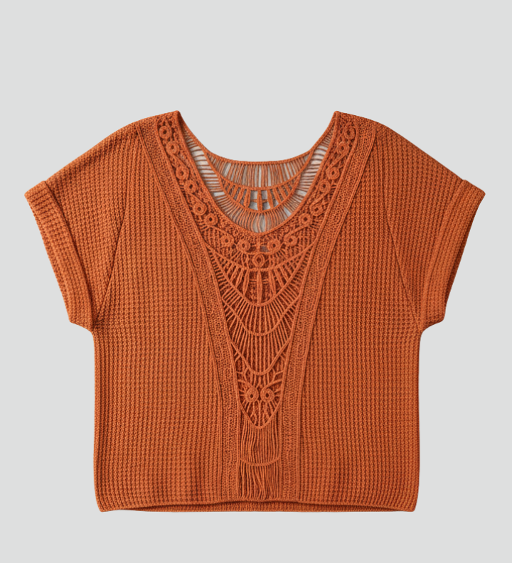 Women's Lace Neckline Short Sleeve T-Shirt – Fitted Textured Casual Top