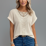 Women's Lace Neckline Short Sleeve T-Shirt – Fitted Textured Casual Top
