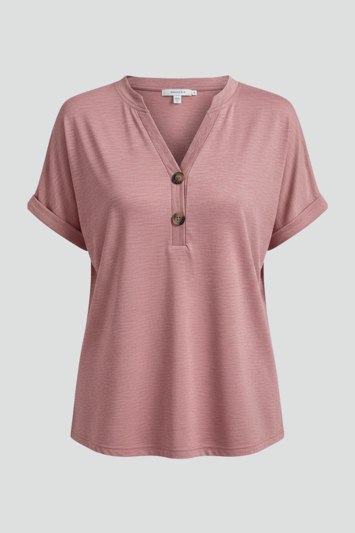 Women's V-Neck Button Detail T-Shirt – Short Sleeve Textured Casual Tee
