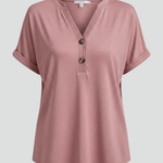Women's V-Neck Button Detail T-Shirt – Short Sleeve Textured Casual Tee