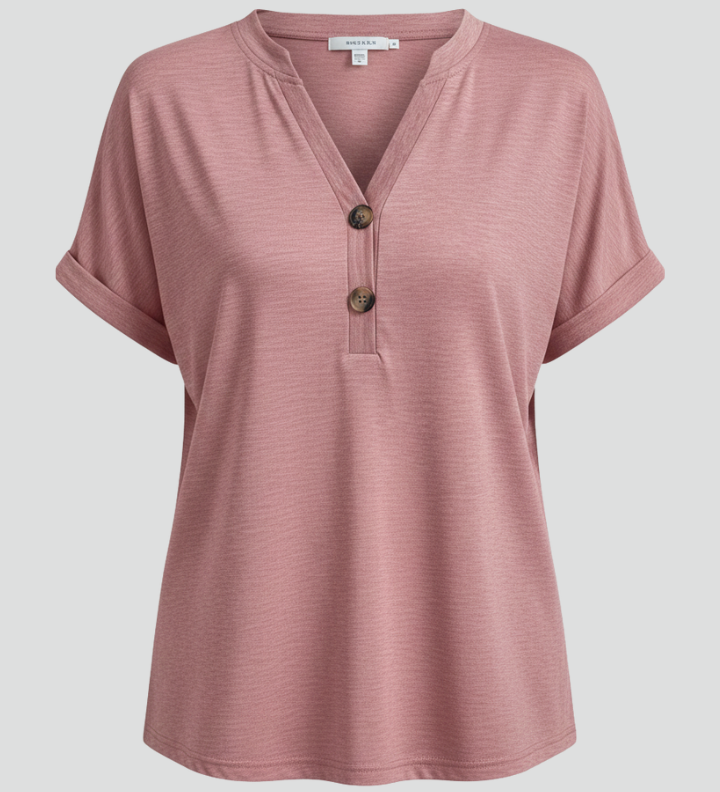 Women's V-Neck Button Detail T-Shirt – Short Sleeve Textured Casual Tee