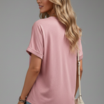 Women's V-Neck Button Detail T-Shirt – Short Sleeve Textured Casual Tee