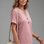 Women's V-Neck Button Detail T-Shirt – Short Sleeve Textured Casual Tee
