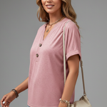 Women's V-Neck Button Detail T-Shirt – Short Sleeve Textured Casual Tee