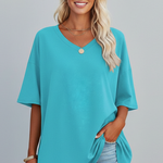 Women's V-Neck Short Sleeve T-Shirt – Loose Fit Dropped Shoulder Everyday Tee