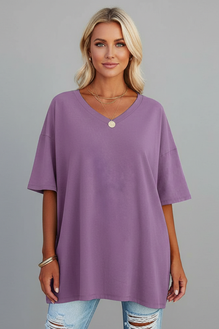 Women's V-Neck Short Sleeve T-Shirt – Loose Fit Dropped Shoulder Everyday Tee