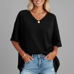 Women's V-Neck Short Sleeve T-Shirt – Loose Fit Dropped Shoulder Everyday Tee