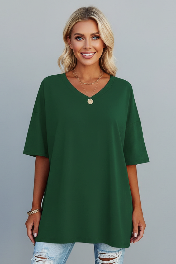 Women's V-Neck Short Sleeve T-Shirt – Loose Fit Dropped Shoulder Everyday Tee