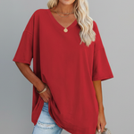 Women's V-Neck Short Sleeve T-Shirt – Loose Fit Dropped Shoulder Everyday Tee