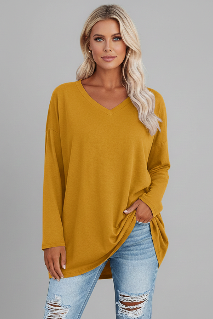 Women's V Neck Long Sleeve Top – Loose Fit Pull-On Everyday Top for Work & Weekend