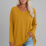 Women's V Neck Long Sleeve Top – Loose Fit Pull-On Everyday Top for Work & Weekend