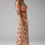 Women's Tropical Leaf Print Pleated Maxi Dress with Belt – Collared 3/4 Sleeve Resort Dress