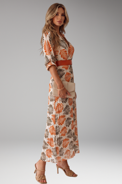 Women's Tropical Leaf Print Pleated Maxi Dress with Belt – Collared 3/4 Sleeve Resort Dress