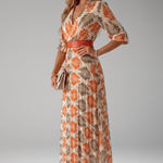 Women's Tropical Leaf Print Pleated Maxi Dress with Belt – Collared 3/4 Sleeve Resort Dress