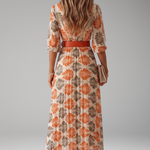 Women's Tropical Leaf Print Pleated Maxi Dress with Belt – Collared 3/4 Sleeve Resort Dress