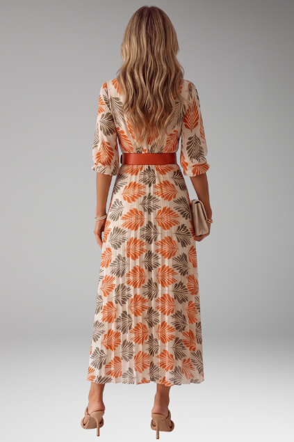 Women's Tropical Leaf Print Pleated Maxi Dress with Belt – Collared 3/4 Sleeve Resort Dress