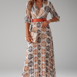 Women's Tropical Leaf Print Pleated Maxi Dress with Belt – Collared 3/4 Sleeve Resort Dress