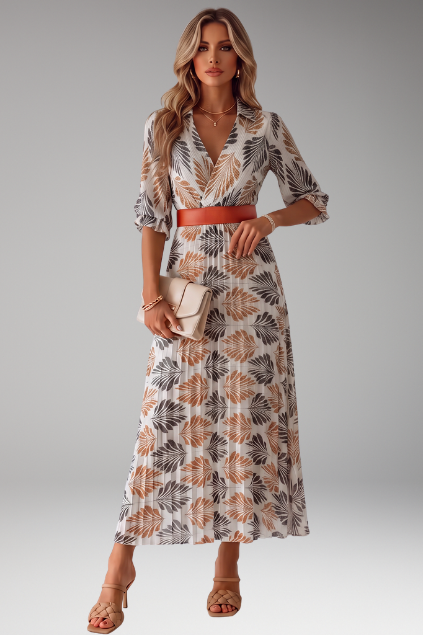 Women's Tropical Leaf Print Pleated Maxi Dress with Belt – Collared 3/4 Sleeve Resort Dress