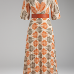 Women's Tropical Leaf Print Pleated Maxi Dress with Belt – Collared 3/4 Sleeve Resort Dress