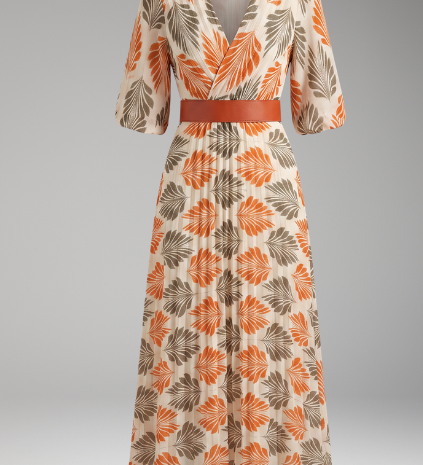 Women's Tropical Leaf Print Pleated Maxi Dress with Belt – Collared 3/4 Sleeve Resort Dress