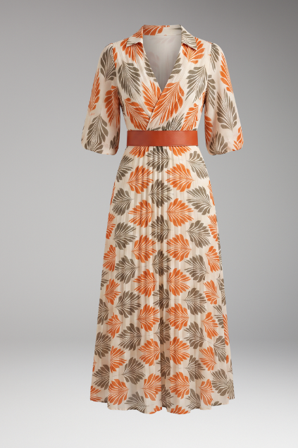 Women's Tropical Leaf Print Pleated Maxi Dress with Belt – Collared 3/4 Sleeve Resort Dress