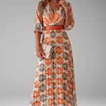 Women's Tropical Leaf Print Pleated Maxi Dress with Belt – Collared 3/4 Sleeve Resort Dress
