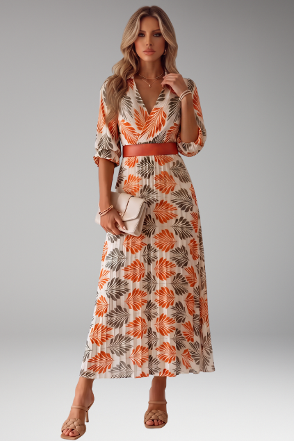 Women's Tropical Leaf Print Pleated Maxi Dress with Belt – Collared 3/4 Sleeve Resort Dress