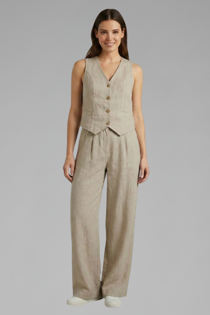 Women's Two-Piece Set with V-Neck Waistcoat & Wide-Leg Pants – Matching Workwear Co-ord