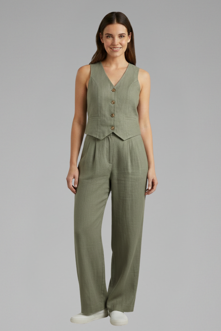 Women's Two-Piece Set with V-Neck Waistcoat & Wide-Leg Pants – Matching Workwear Co-ord
