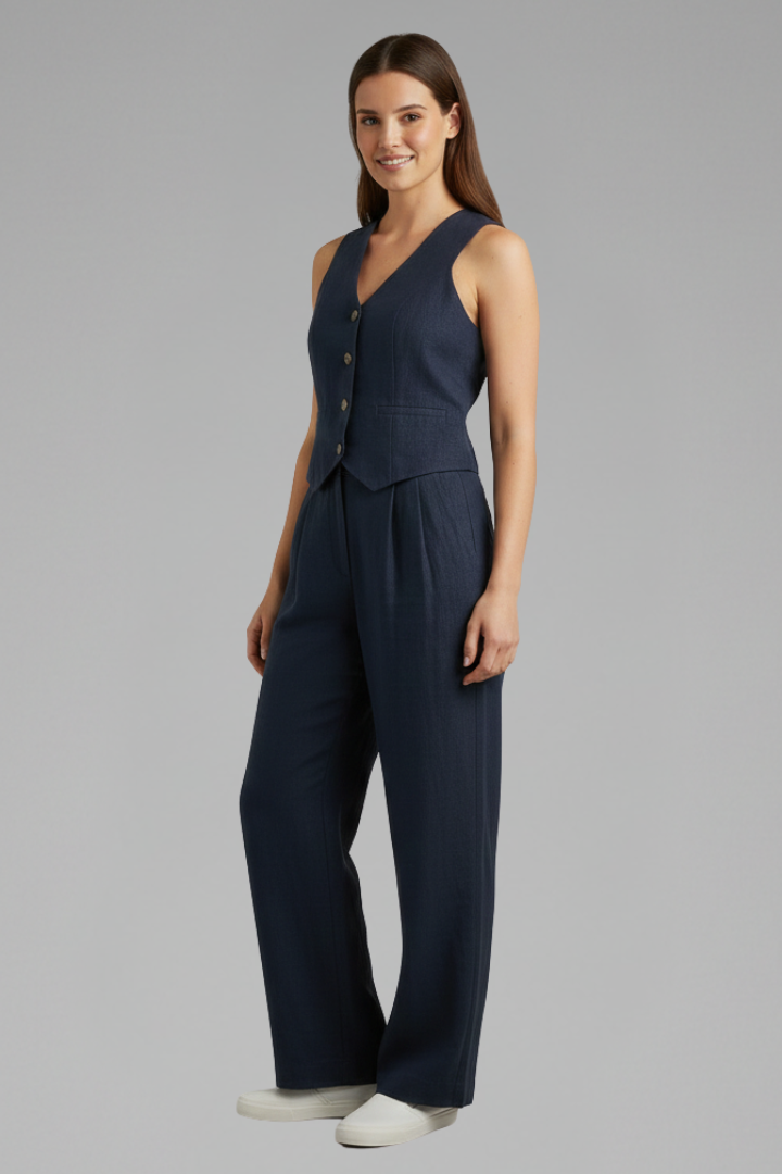Women's Two-Piece Set with V-Neck Waistcoat & Wide-Leg Pants – Matching Workwear Co-ord