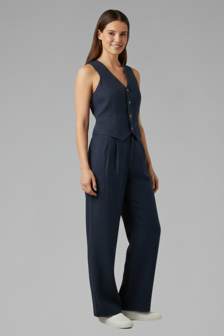 Women's Two-Piece Set with V-Neck Waistcoat & Wide-Leg Pants – Matching Workwear Co-ord