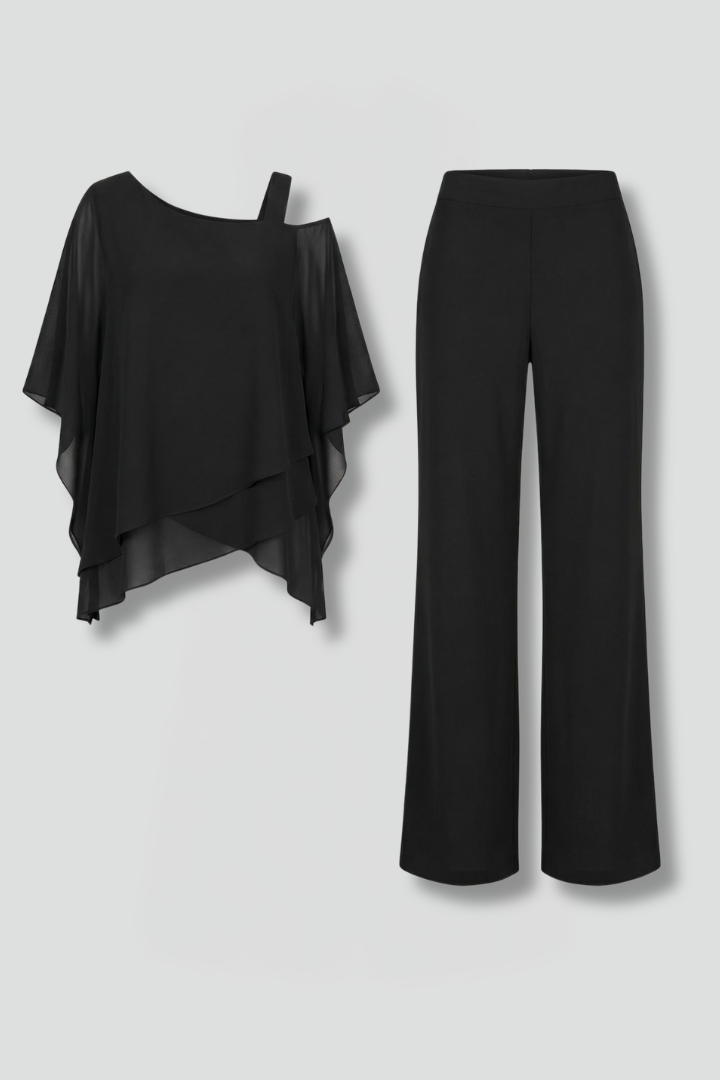 Women's Two Piece Set with Asymmetric Draped Top & Wide Leg Pants – Summer Co-Ord Set