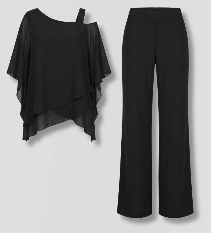Women's Two Piece Set with Asymmetric Draped Top & Wide Leg Pants – Summer Co-Ord Set