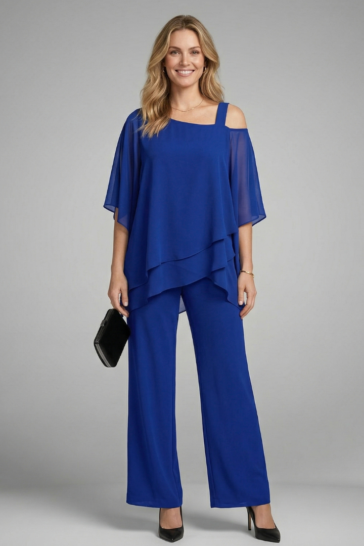 Women's Two Piece Set with Asymmetric Draped Top & Wide Leg Pants – Summer Co-Ord Set