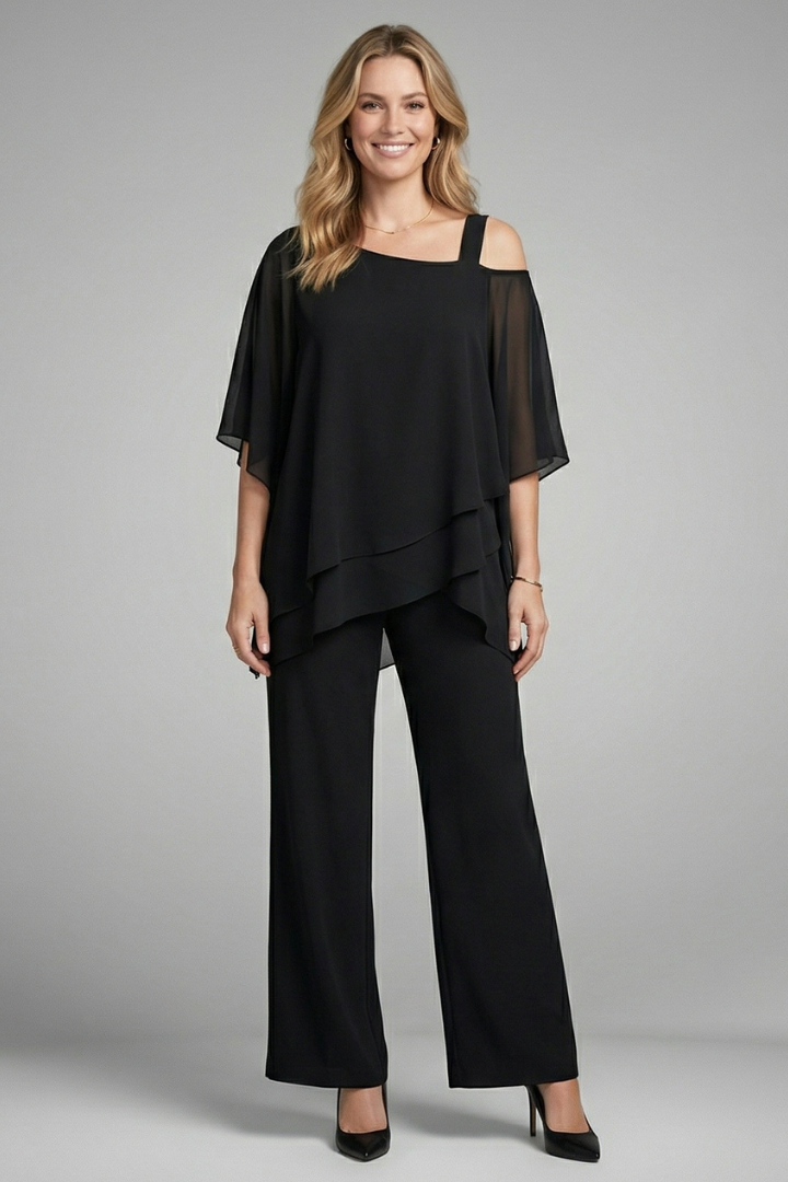Women's Two Piece Set with Asymmetric Draped Top & Wide Leg Pants – Summer Co-Ord Set