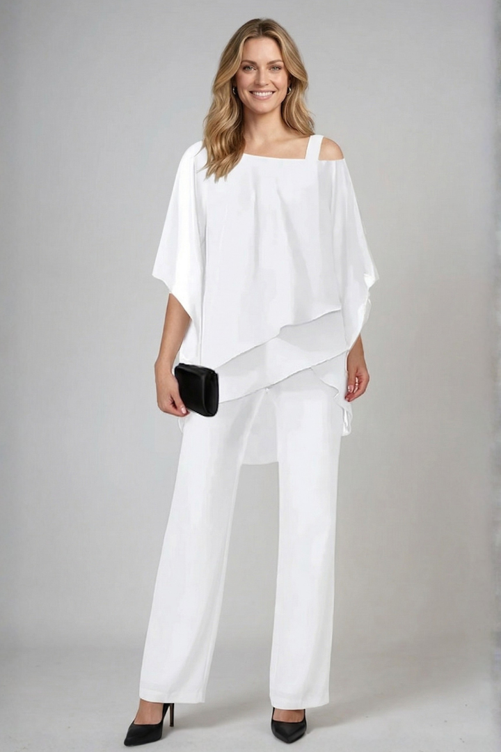 Women's Two Piece Set with Asymmetric Draped Top & Wide Leg Pants – Summer Co-Ord Set