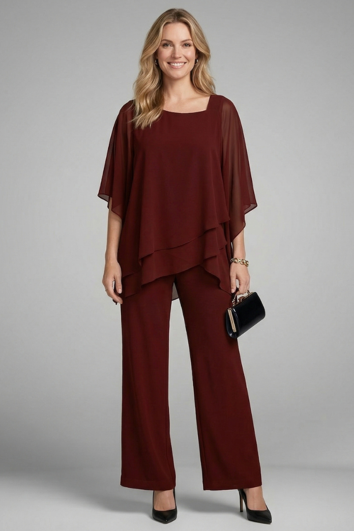 Women's Two Piece Set with Asymmetric Draped Top & Wide Leg Pants – Summer Co-Ord Set