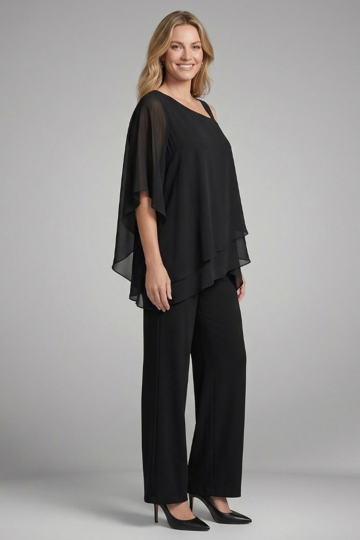 Women's Two Piece Set with Asymmetric Draped Top & Wide Leg Pants – Summer Co-Ord Set