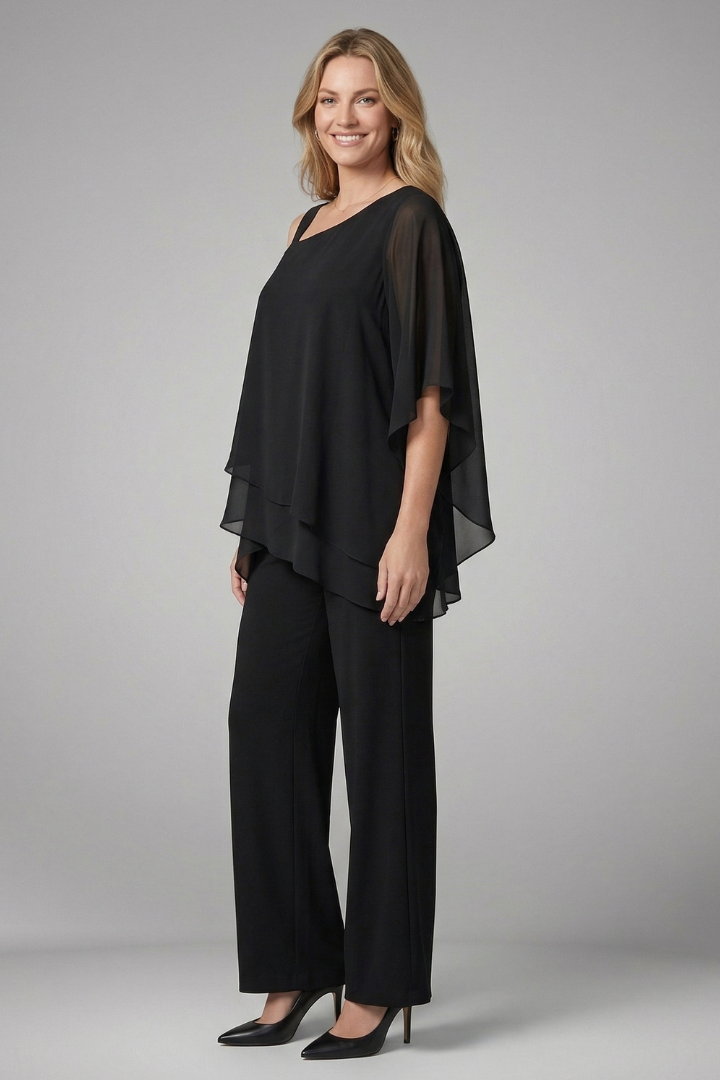 Women's Two Piece Set with Asymmetric Draped Top & Wide Leg Pants – Summer Co-Ord Set