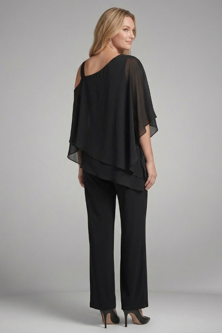 Women's Two Piece Set with Asymmetric Draped Top & Wide Leg Pants – Summer Co-Ord Set